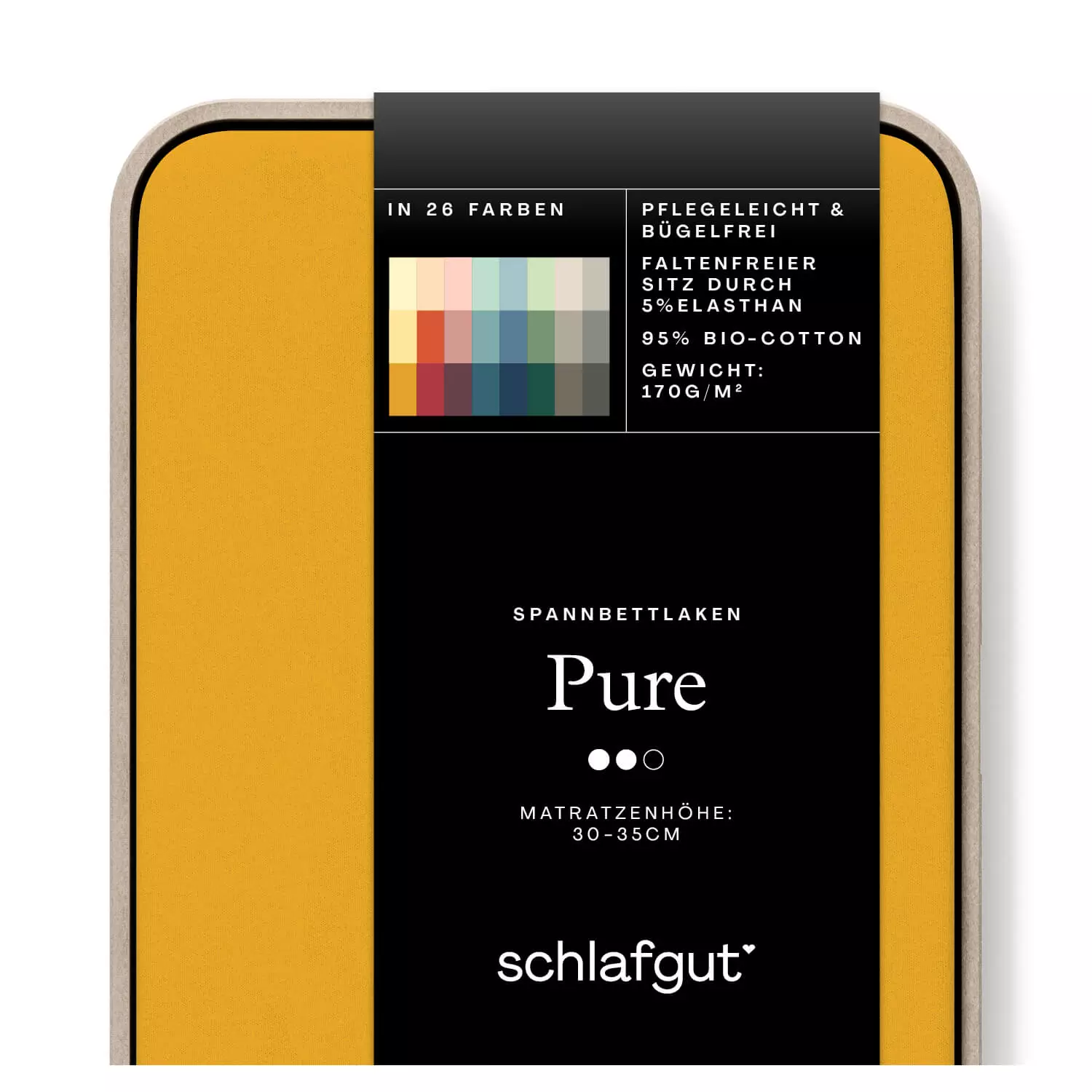 Spannbettlaken Pure yellow deep Produktbild Das Produktbild vom Spannbettlaken der Reihe Pure in Farbe yellow deep von Schlafgut
