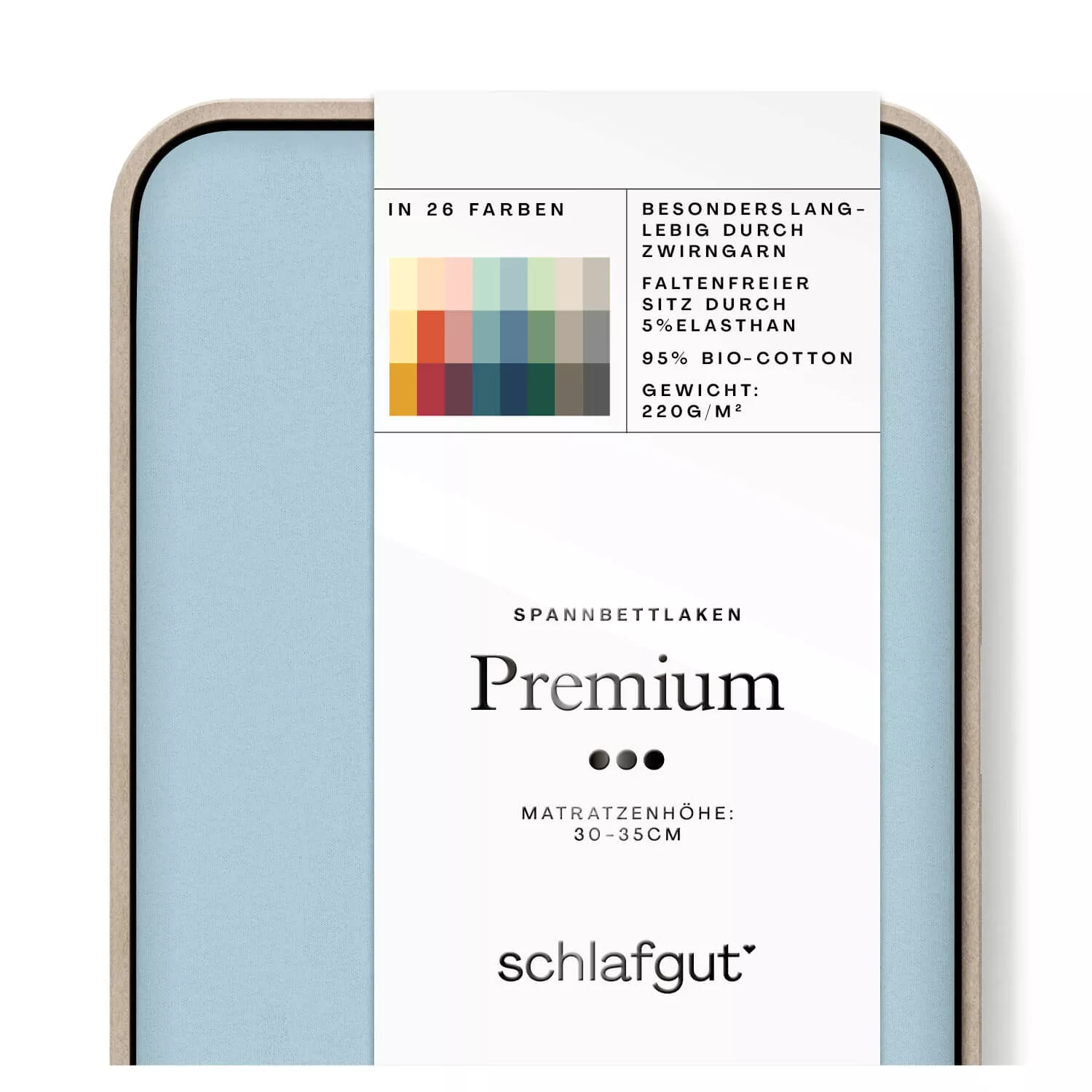Das Produktbild vom Spannbettlaken der Reihe Premium in Farbe blue light von Schlafgut