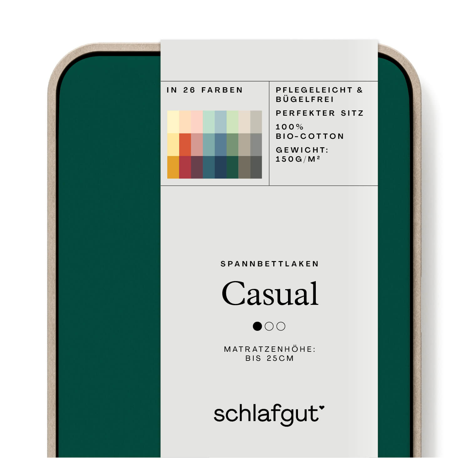 Spannbettlaken Casual green deep Produktbild Das Produktbild vom Spannbettlaken der Reihe Casual in Farbe green deep von Schlafgut